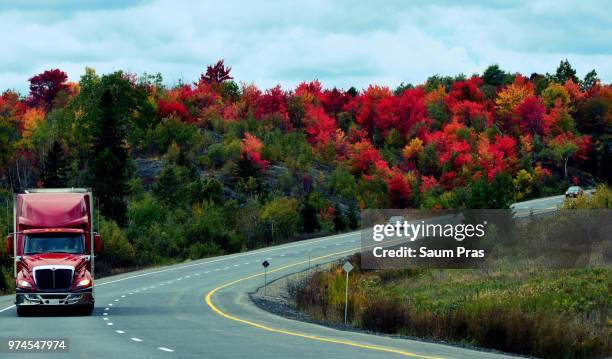 truck driving through maple wood, manitoulin, ontario, canada - manitoulin stock pictures, royalty-free photos & images