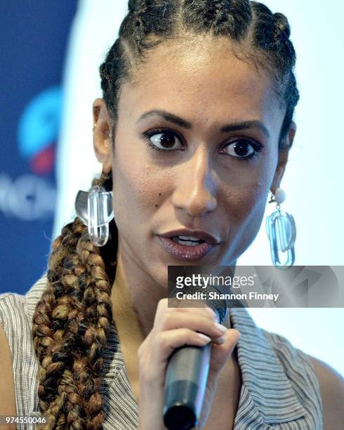 Elaine Welteroth, former Teen Vogue Editor-in-Chief, speaks at the Reach Higher Initiative Beating the Odds Summit to support first-generation...