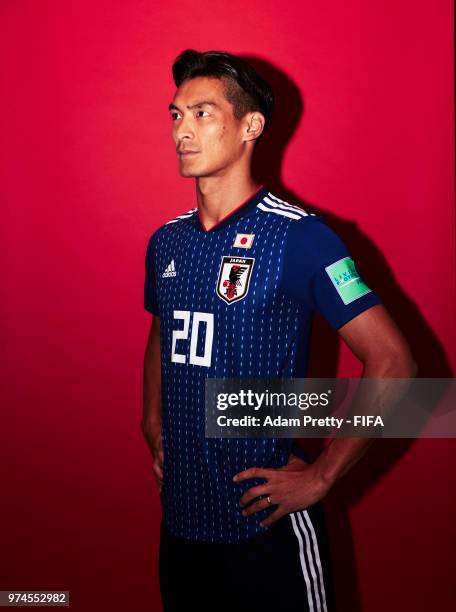 Tomoaki Makino of Japan poses for a portrait during the official FIFA World Cup 2018 portrait session at the FC Rubin Training Grounds on June 14,...