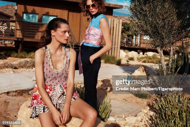 Models Elena Melnik and Alexandra Martynova pose at a fashion shoot for Madame Figaro on November 29, 2017 in Taghazout, Morocco. Alexandra: All by...