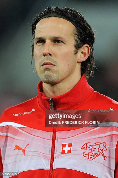 Switzerland's Marco Streller listens to the national anthems ahead of the World Cup 2010 friendly football match Switzerland vs Uruguay at AFG Arena...