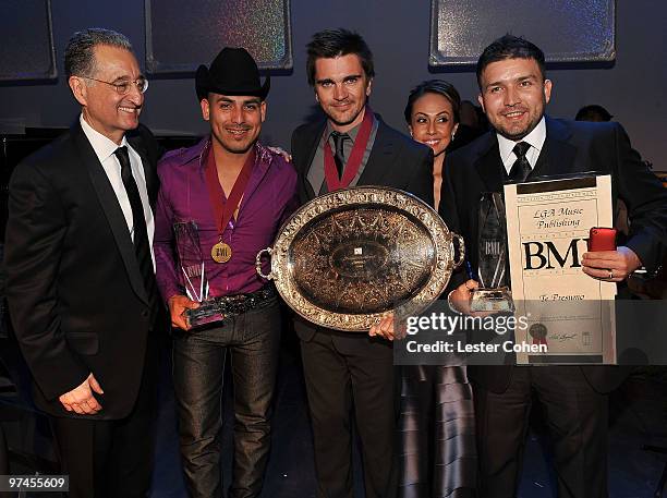 President & CEO Del Bryant, Espinoza Paz, Juanes and BMI Vice President Delia Orjuela pose at the 2010 BMI Latin Awards at the Bellagio on March 4,...
