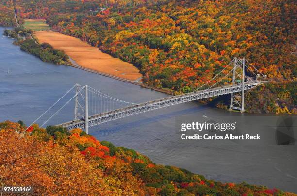 suspension bridge and autumn forest, bear mountain bridge, new york, usa - bear mountain bridge stock pictures, royalty-free photos & images