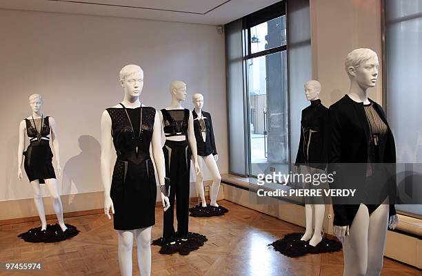 Creations by Italian designer Anthony Vaccarello are displayed on mannequins during the autumn-winter 2010 pret-a-porter collection show on March 2,...