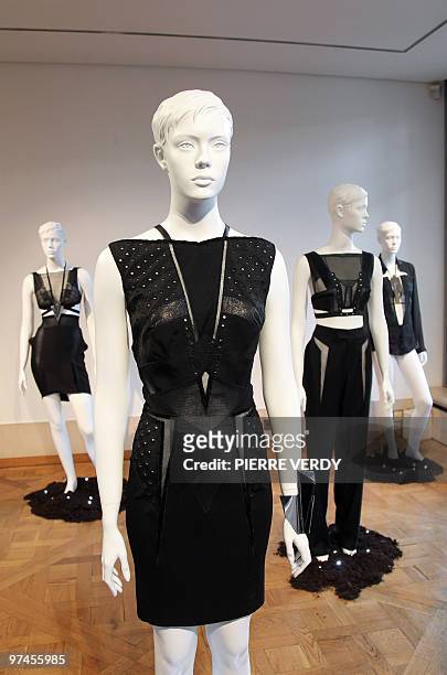 Creations by Italian designer Anthony Vaccarello are displayed on mannequins during the autumn-winter 2010 pret-a-porter collection show on March 2,...