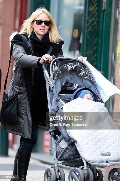 Actress Naomi Watts walks with her son Alexander Pete Schreiber in Noho on March 04, 2010 in New York City.