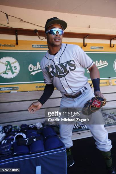 Mallex Smith of the Tampa Bay Rays stands in the dugout prior to the game against the Oakland Athletics at the Oakland Alameda Coliseum on May 28,...
