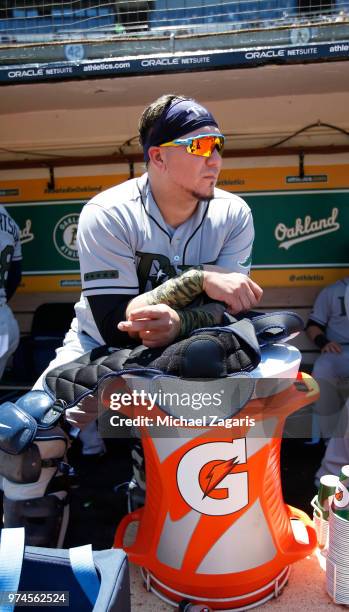 Jesus Sucre of the Tampa Bay Rays stands in the dugout prior to the game against the Oakland Athletics at the Oakland Alameda Coliseum on May 28,...