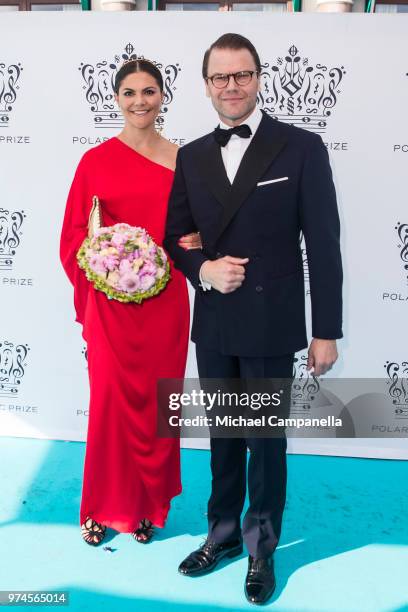 Crown Princess Victoria and Prince Daniel of Sweden attend the 2018 Polar Music Prize award ceremony at the Grand Hotel on June 14, 2018 in...