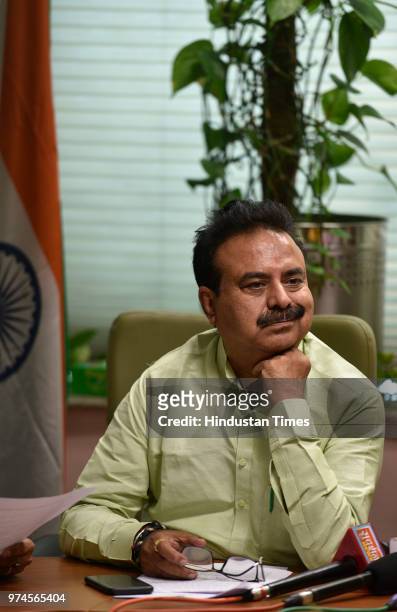 Shyam Sharma, Mayor of South Delhi Municipal Corporation , during a press conference regarding the clearance of their dues from the Delhi government...