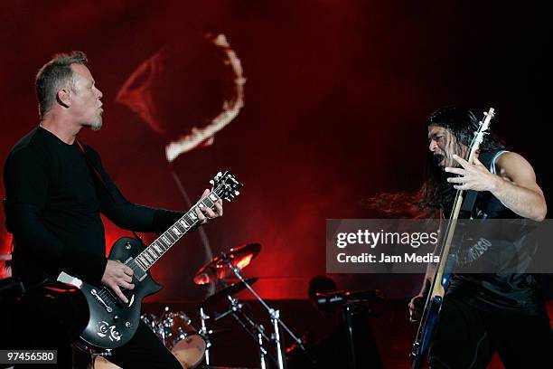 James Hetfield and Bass Robert Trujillo of Metallica, perform during thei concert as part of the Word Magnetic Tour, at the Tres de Marzo Stadium on...