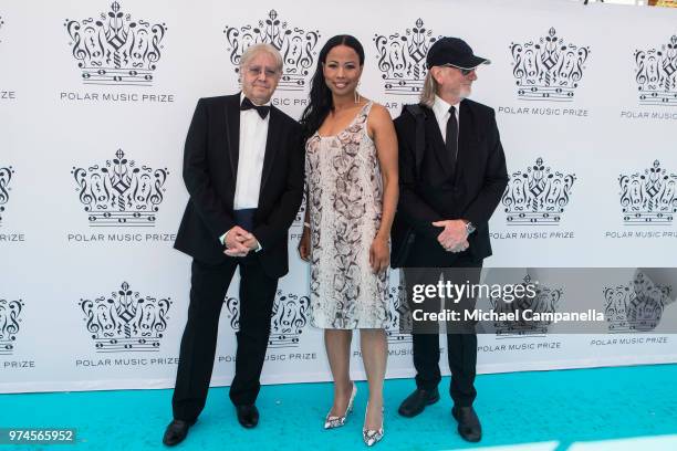 Roger Glover, Ian Paice, and Alice Bah Kuhnke attend the 2018 Polar Music Prize award ceremony at the Grand Hotel on June 14, 2018 in Stockholm,...