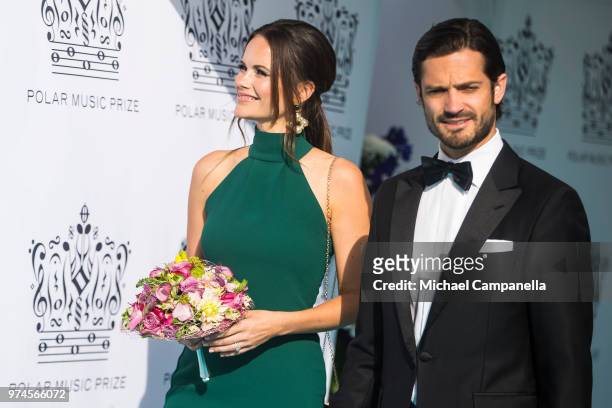 Prince Carl Phillip of Sweden and Princess Sofia of Sweden attend the 2018 Polar Music Prize award ceremony at the Grand Hotel on June 14, 2018 in...