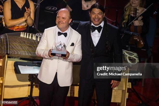 Robert Trujillo and Lars Ulrich of Metallica receive the 2018 Polar Music Prize award at the Grand Hotel on June 14, 2018 in Stockholm, Sweden.