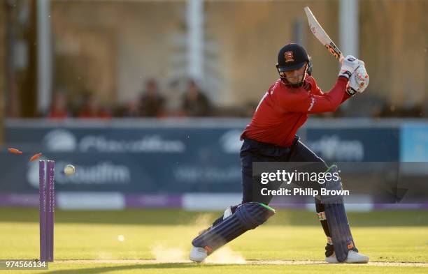 Simon Harmer of Essex Eagles is bowled by Karl Carver during the Royal London One-Day Cup match between Essex Eagles and Yorkshire Vikings at the...