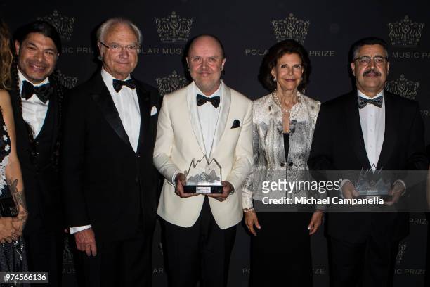 Robert Trujillo, King Carl XVI Gustaf of Sweden, Lars Ulrich, Queen Silvia of Sweden, and Ahmad Sarmast pose for a picture at the 2018 Polar Music...