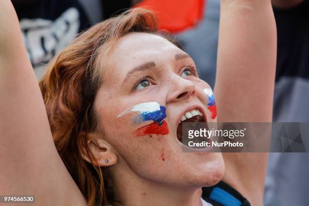 Russia supporter celebrates during the FIFA World Cup 2018 match between Russia and Saudi Arabia on June 14, 2018 at Fan Fest zone in Saint...
