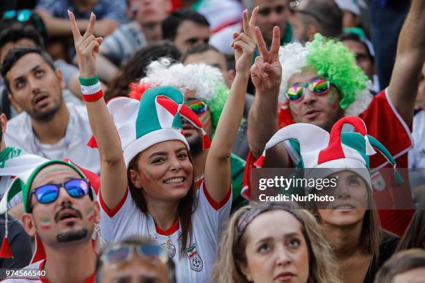 Iran supporters during the FIFA World Cup 2018 match between Russia and Saudi Arabia on June 14, 2018 at Fan Fest zone in Saint Petersburg, Russia.