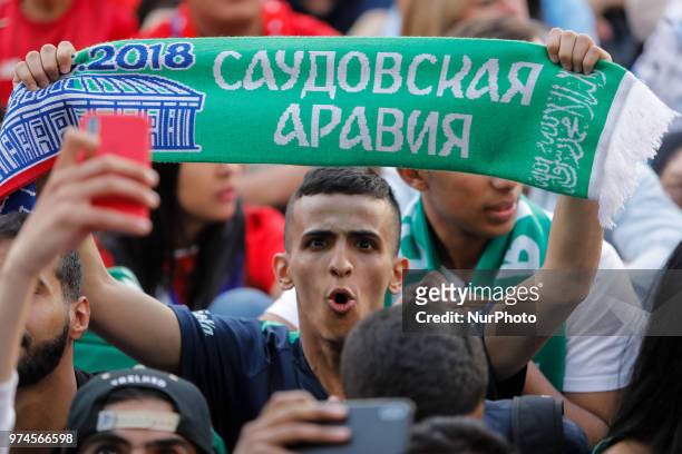 Saudi Arabia supporter during the FIFA World Cup 2018 match between Russia and Saudi Arabia on June 14, 2018 at Fan Fest zone in Saint Petersburg,...