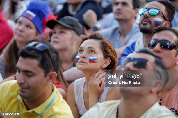Russia supporters during the FIFA World Cup 2018 match between Russia and Saudi Arabia on June 14, 2018 at Fan Fest zone in Saint Petersburg, Russia.