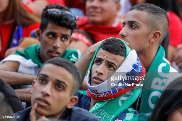 Saudi Arabia supporters during the FIFA World Cup 2018 match between Russia and Saudi Arabia on June 14, 2018 at Fan Fest zone in Saint Petersburg,...