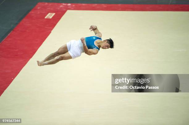 Jorge Vega Lopez of Guatemala competes on the floor during the Artistic Gymnastics World Challenge Cup on June 14, 2018 in Guimaraes, Portugal.