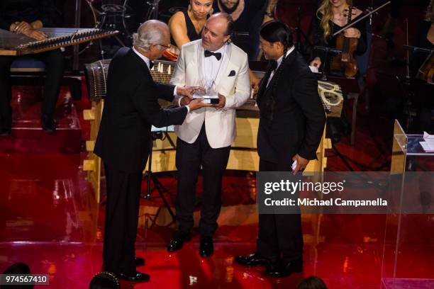 King Carl XVI Gustaf of Swedenpresents Lars Ulrich and Robert Trujillo of Metallica the 2018 Polar Music Prize award at the Grand Hotel on June 14,...