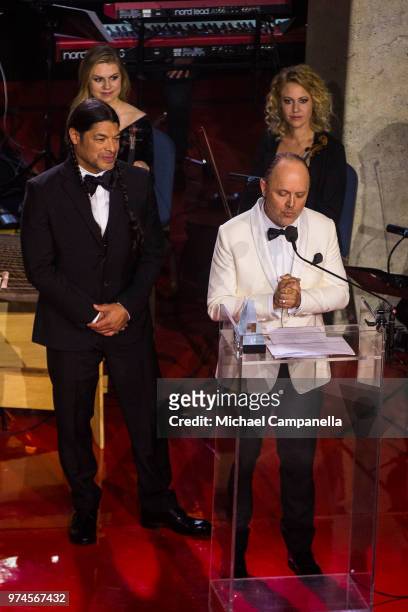 Robert Trujillo and Lars Ulrich of Metallica receive the 2018 Polar Music Prize award at the Grand Hotel on June 14, 2018 in Stockholm, Sweden.