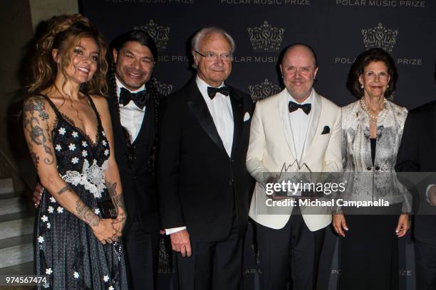 Chloe Trujillo, Robert Trujillo, King Carl XVI Gustaf of Sweden, Lars Ulrich, and Queen Silvia of Sweden pose for a picture at the 2018 Polar Music...