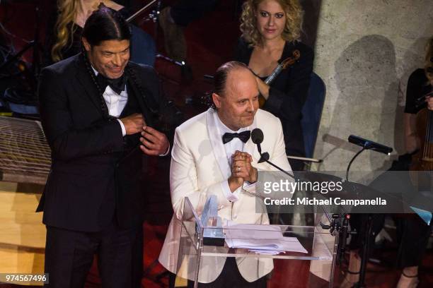 Robert Trujillo and Lars Ulrich of Metallica receive the 2018 Polar Music Prize award at the Grand Hotel on June 14, 2018 in Stockholm, Sweden.