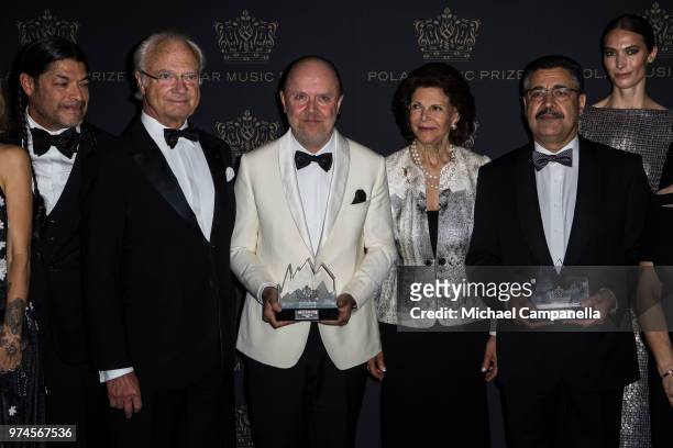 Robert Trujillo, King Carl XVI Gustaf of Sweden, Lars Ulrich, Queen Silvia of Sweden, Ahmad Sarmast, and Jessica Miller pose for a picture at the...