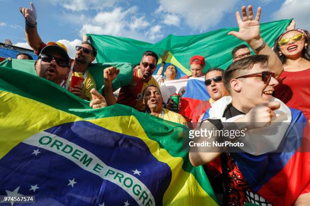 Brazil and Russia supporters during the FIFA World Cup 2018 match between Russia and Saudi Arabia on June 14, 2018 at Fan Fest zone in Saint...