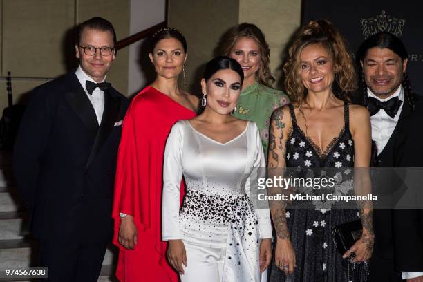 Prince Daniel of Sweden, Princess Victoria of Sweden, Aryana Sayeed, Princess Madeleine of Sweden, Chloe Trujillo, and Robert Trujillo pose for a...
