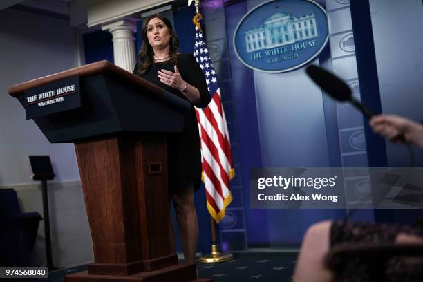 White House Press Secretary Sarah Huckabee Sanders addresses reporters during a White House daily news briefing at the James Brady Press Briefing...