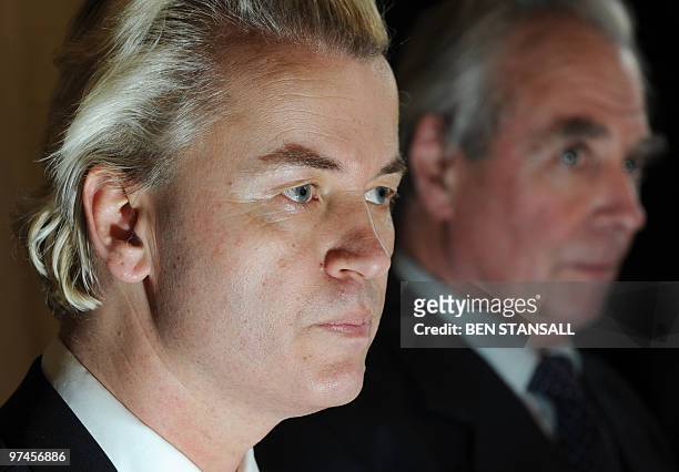 Dutch far-right lawmaker Geert Wilders, and UK Independence Party Leader Lord Pearson, address a press conference in London, on March 5, 2010....