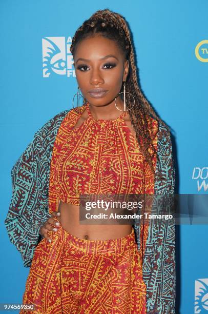 Imani Hakim is seen at the TV One "Down For Whatever" premiere at the American Black Film Festival at the Colony Theatre on June 14, 2018 in Miami...