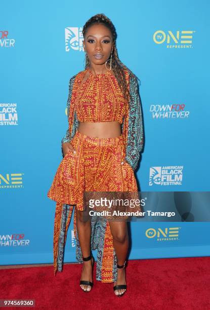 Imani Hakim is seen at the TV One "Down For Whatever" premiere at the American Black Film Festival at the Colony Theatre on June 14, 2018 in Miami...