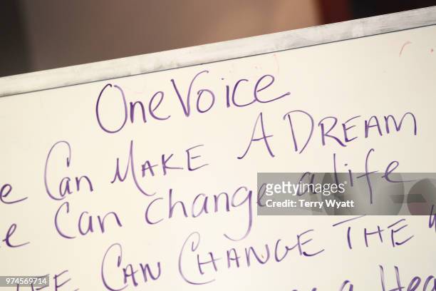 Close up view of a sign at the ACM Lifting Lives Music Camp Songwriting Workshop at Vanderbilt University on June 14, 2018 in Nashville, Tennessee.