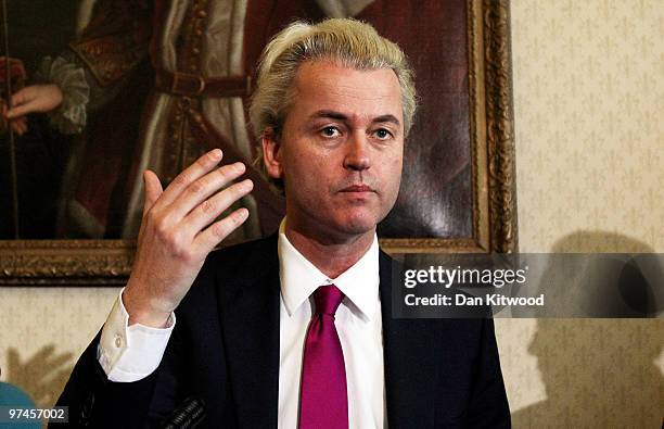 Dutch MP, Geert Wilders speaks during a press conference at 1 Abbey Gardens on February 05, 2010 in London, England. Mr Wilders was banned from...