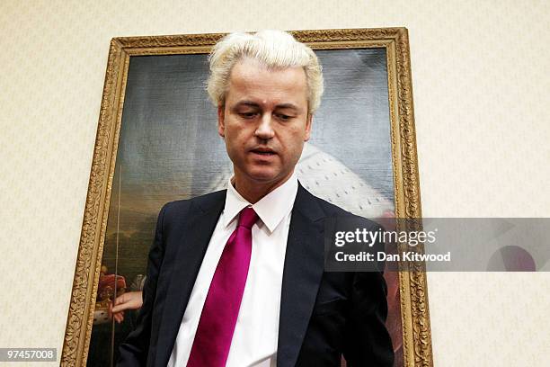 Dutch MP,Dutch MP, Geert Wilders speaks during a press conference at 1 Abbey Gardens on February 05, 2010 in London, England. Mr Wilders was banned...