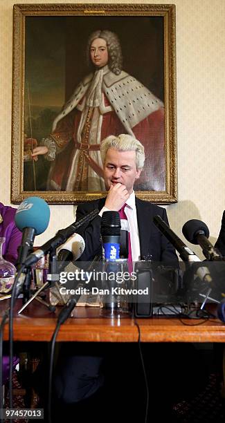 Dutch MP, Geert Wilders speaks during a press conference at 1 Abbey Gardens on February 05, 2010 in London, England. Mr Wilders was banned from...