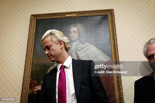 Dutch MP, Geert Wilders speaks during a press conference at 1 Abbey Gardens on February 05, 2010 in London, England. Mr Wilders was banned from...