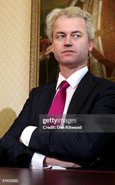 Dutch MP, Geert Wilders speaks during a press conference at 1 Abbey Gardens on February 05, 2010 in London, England. Mr Wilders was banned from...