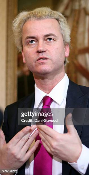 Dutch MP, Geert Wilders speaks during a press conference at 1 Abbey Gardens on February 05, 2010 in London, England. Mr Wilders was banned from...