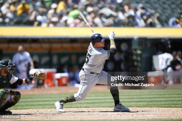 Jesus Sucre of the Tampa Bay Rays bats during the game against the Oakland Athletics at the Oakland Alameda Coliseum on May 28, 2018 in Oakland,...