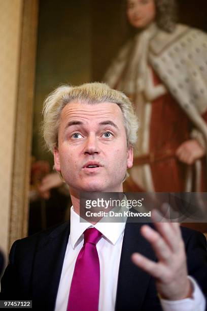 Dutch MP, Geert Wilders speaks during a press conference at 1 Abbey Gardens on February 05, 2010 in London, England. Mr Wilders was banned from...