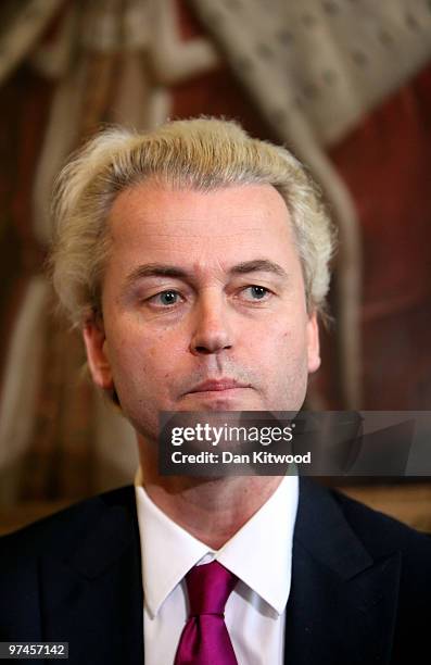 Dutch MP, Geert Wilders speaks during a press conference at 1 Abbey Gardens on February 05, 2010 in London, England. Mr Wilders was banned from...