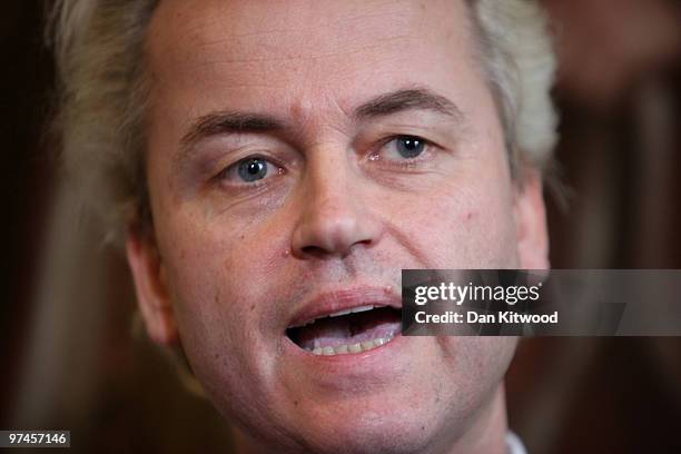 Dutch MP, Geert Wilders speaks during a press conference at 1 Abbey Gardens on February 05, 2010 in London, England. Mr Wilders was banned from...