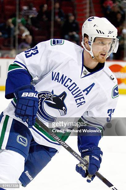 Henrik Sedin of the Vancouver Canucks skates during the warm up period prior to facing the Montreal Canadiens in their NHL game on February 2, 2010...