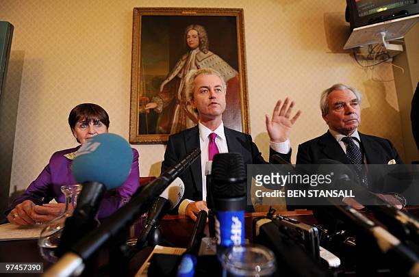 Dutch far-right lawmaker Geert Wilders, Baroness Cox and UK Independence Party Leader Lord Pearson address a press conference in London, on March 5,...